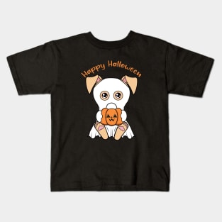 Happy Halloween Cute ghost dog, Kawaii black dog with pumpkin Kids T-Shirt